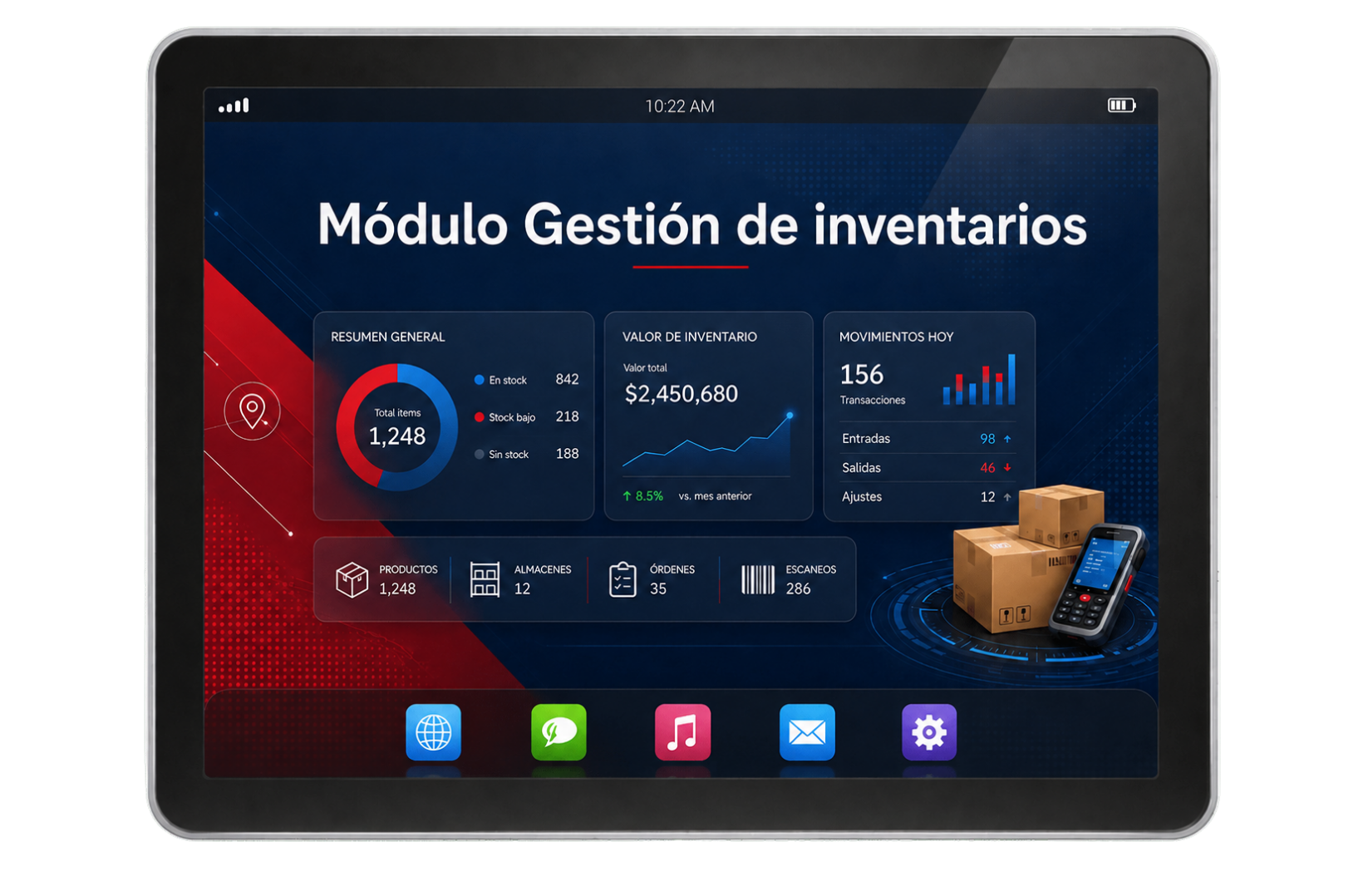 Vista visual del módulo Gestión de inventarios mostrada dentro de un tablet