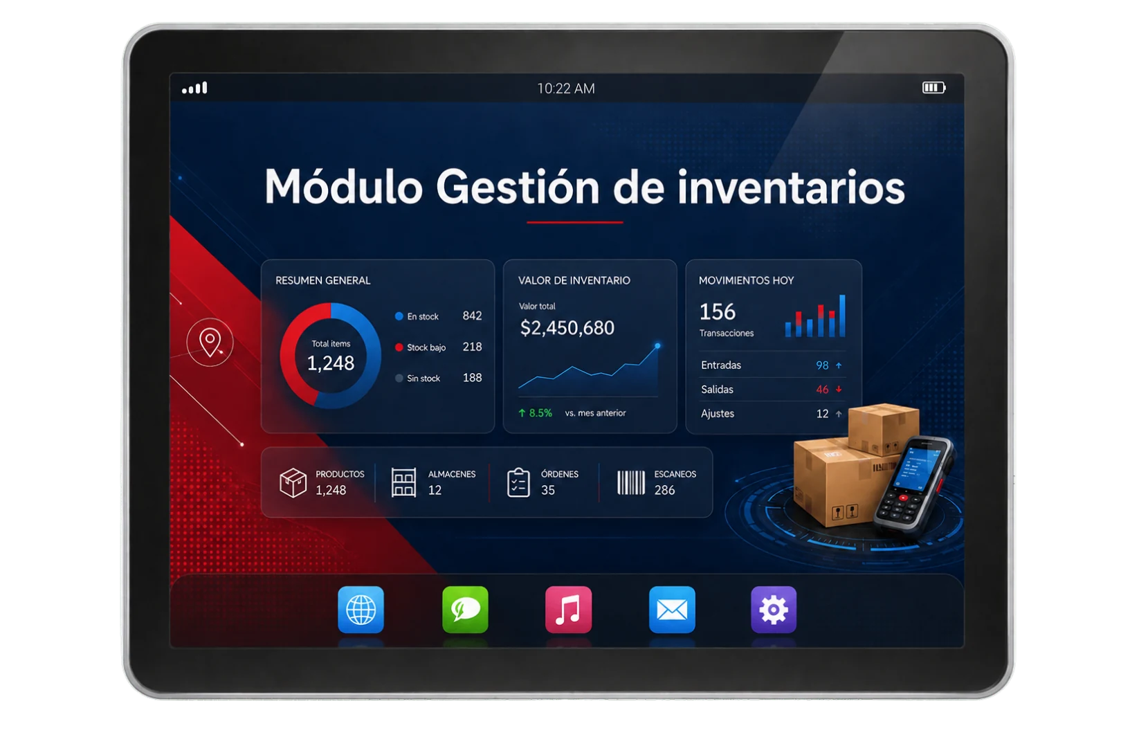 Vista visual del módulo Gestión de inventarios mostrada dentro de un tablet