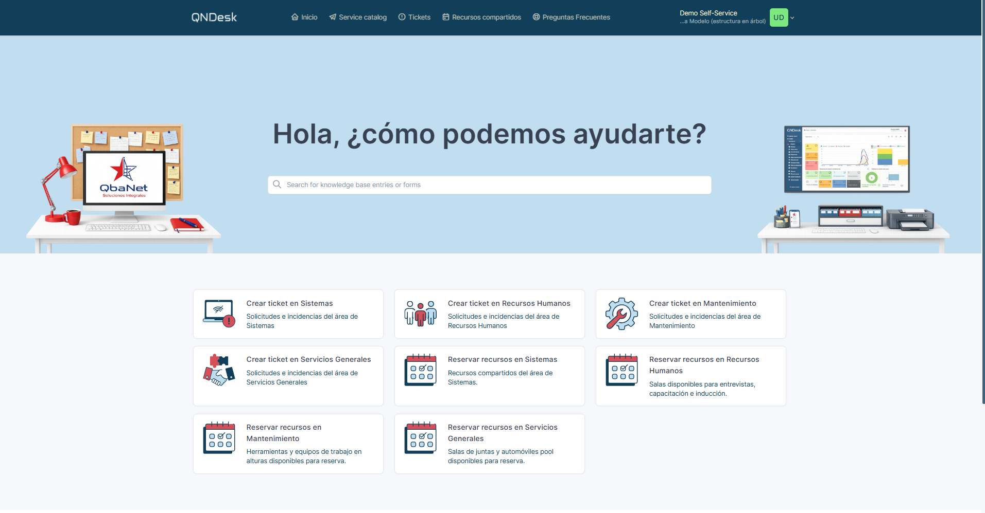 Portal self-service QNDesk con formularios por área