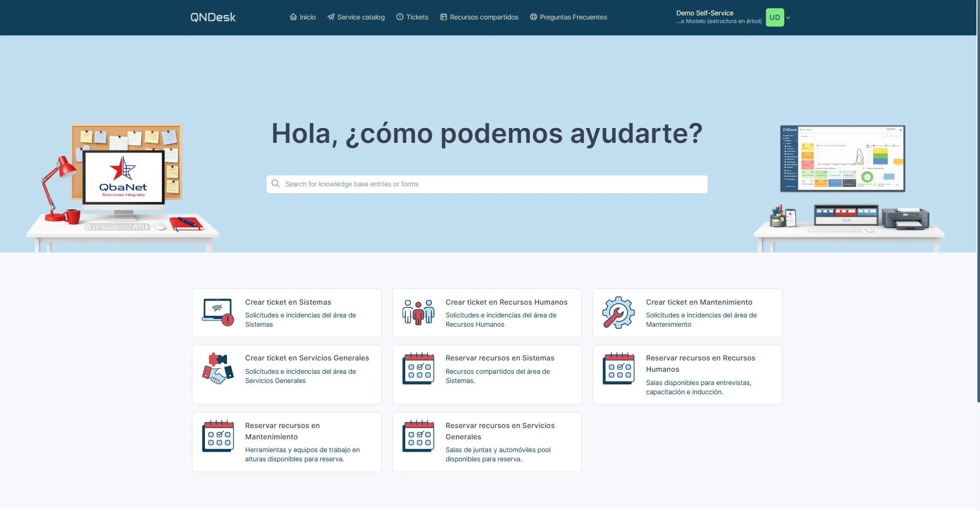 Portal self-service QNDesk con formularios por área