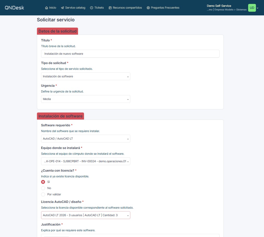 Formulario de solicitud de servicio en Sistemas
