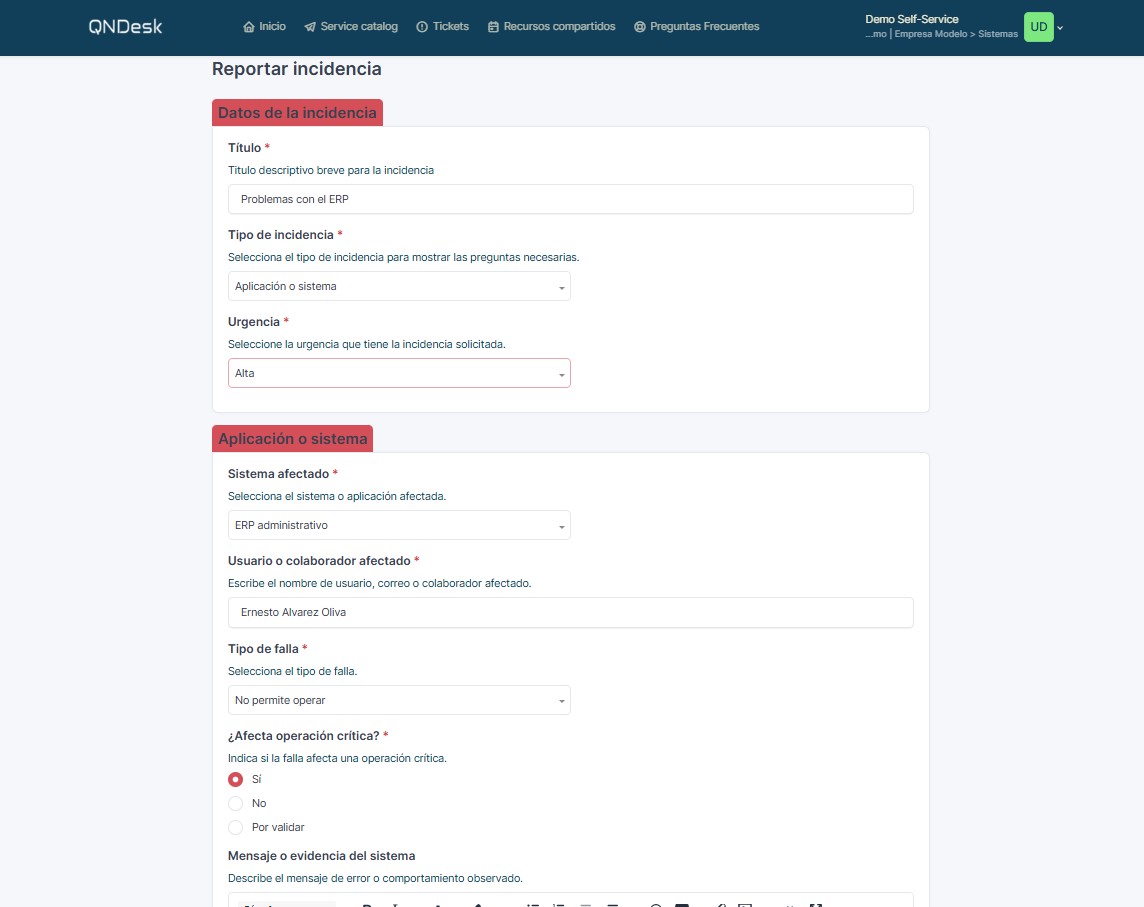 Formulario de reporte de incidencia en Sistemas